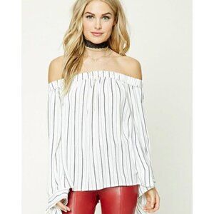 Forever 21 Blouse Womens Stripe Off Shoulder white